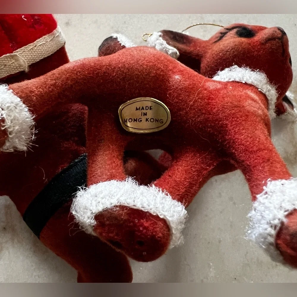 Vintage Mid Century Red Flocked Santa And Reindeer Christmas Tree Ornaments Set